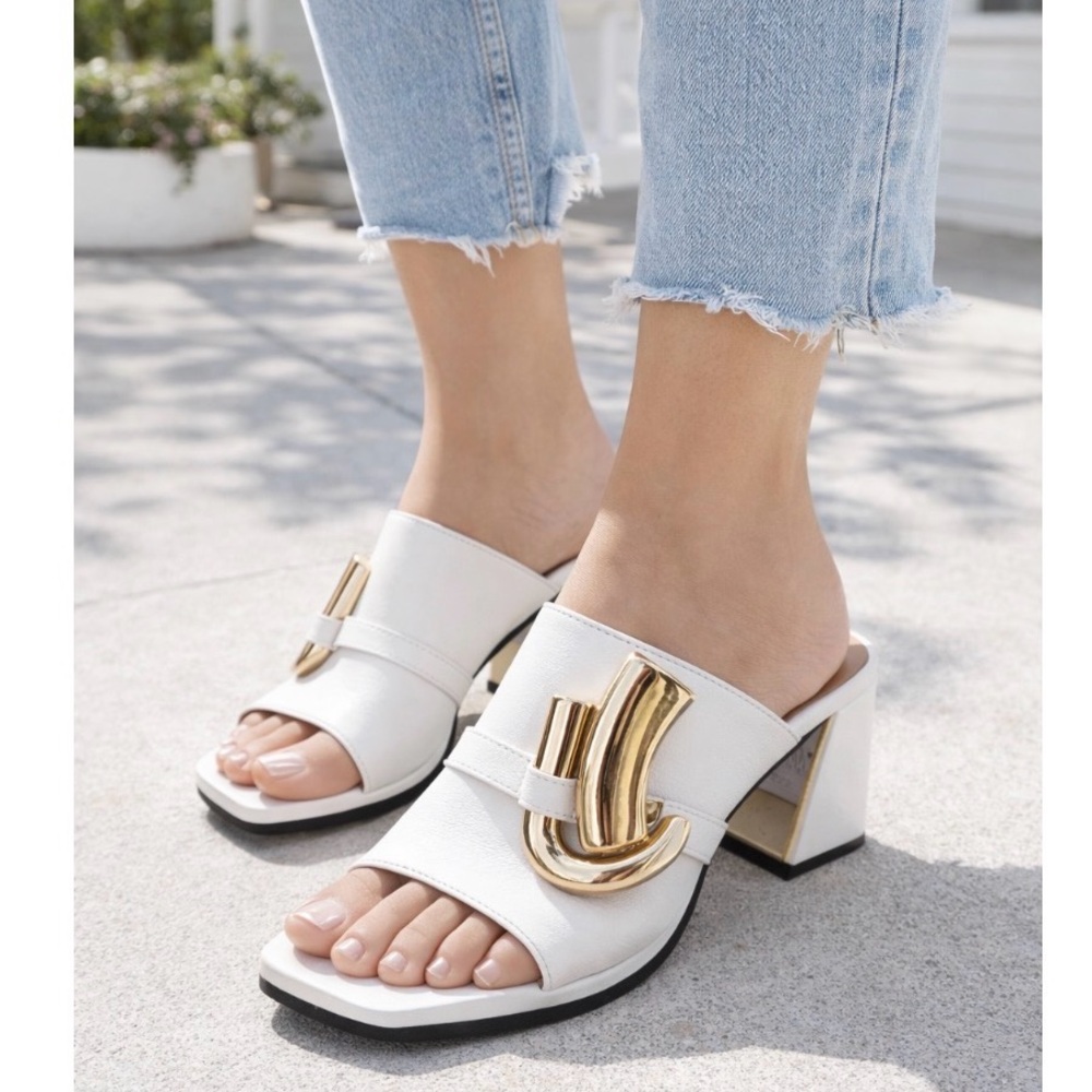 Flower Shoes White Block Heel Slide Sandals with Gold Accent size EUR 40